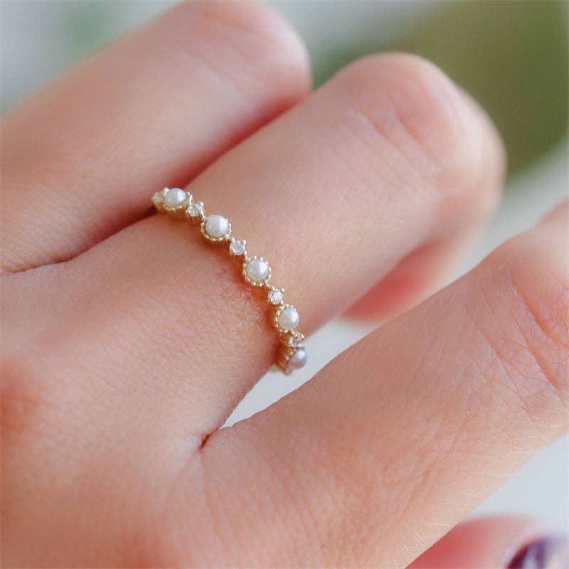 Perimade & Co. LLC - Wholesale Band/Stacked Ring - Dainty Gold Pearl Stacking Band Ring in 925 Sterling Silver2