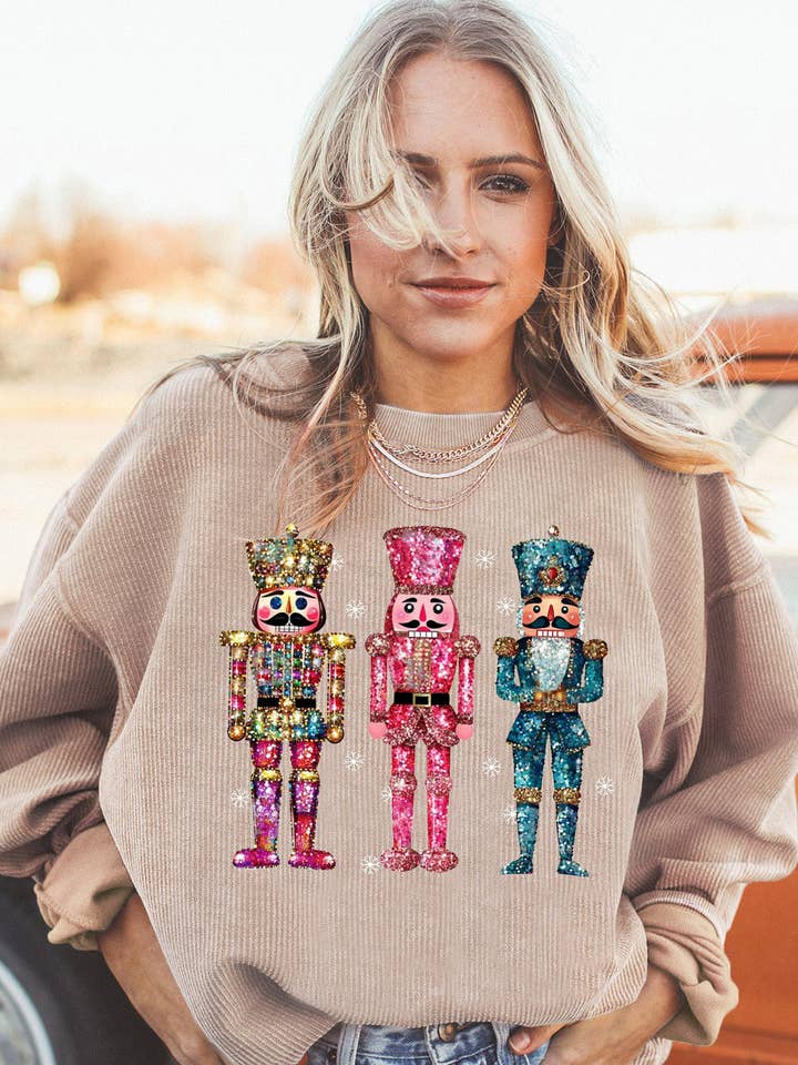 Lovesoft - Wholesale Graphic Sweatshirt - Women's - Ribbed Knit Nutcracker Pattern Crew Neck Pullover Sweatshirt8
