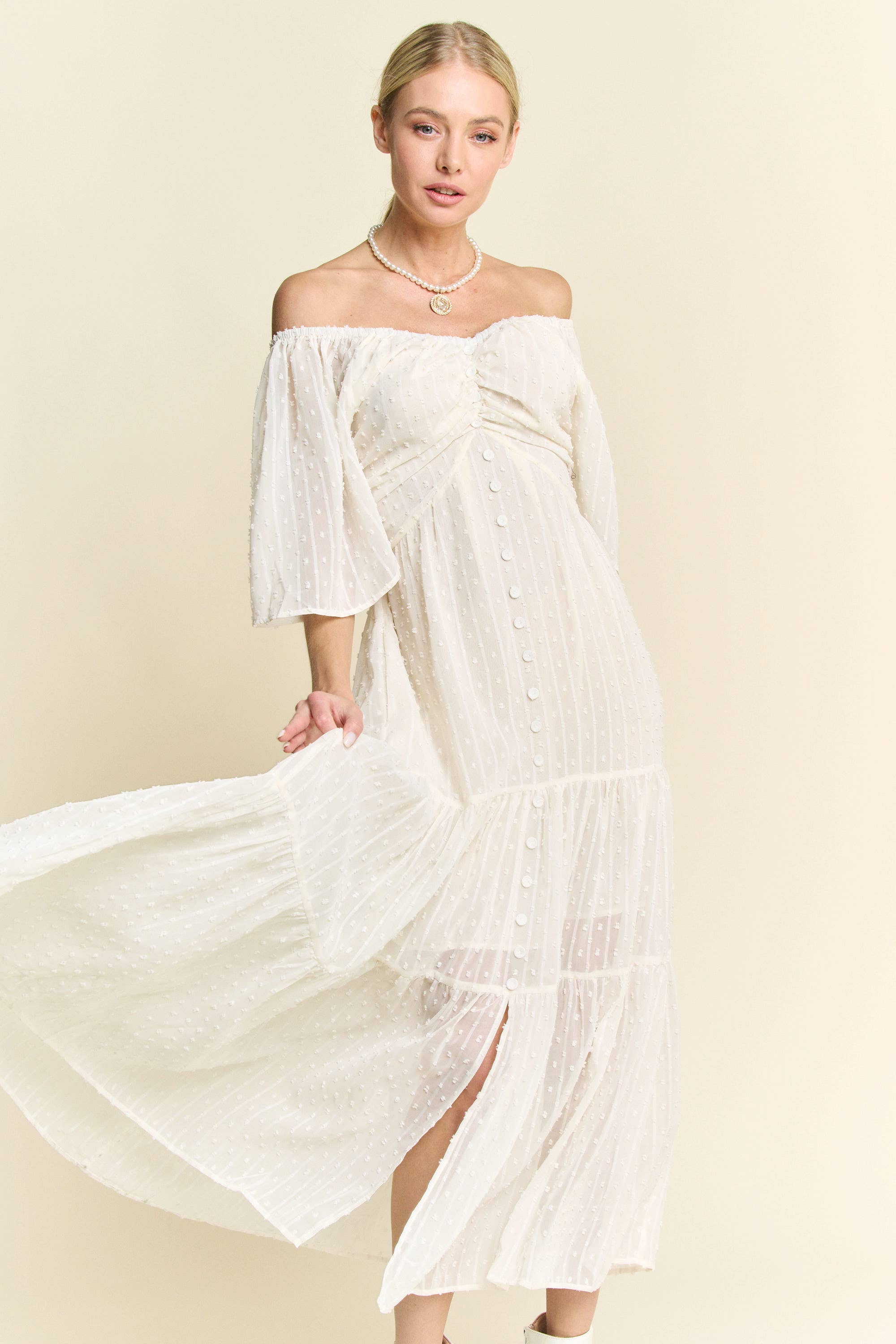 Davi & Dani – wholesale Dress – Women's – SWISS DOTTED RUCHED RUFFLE OPEN BACK MIDI DRESS6