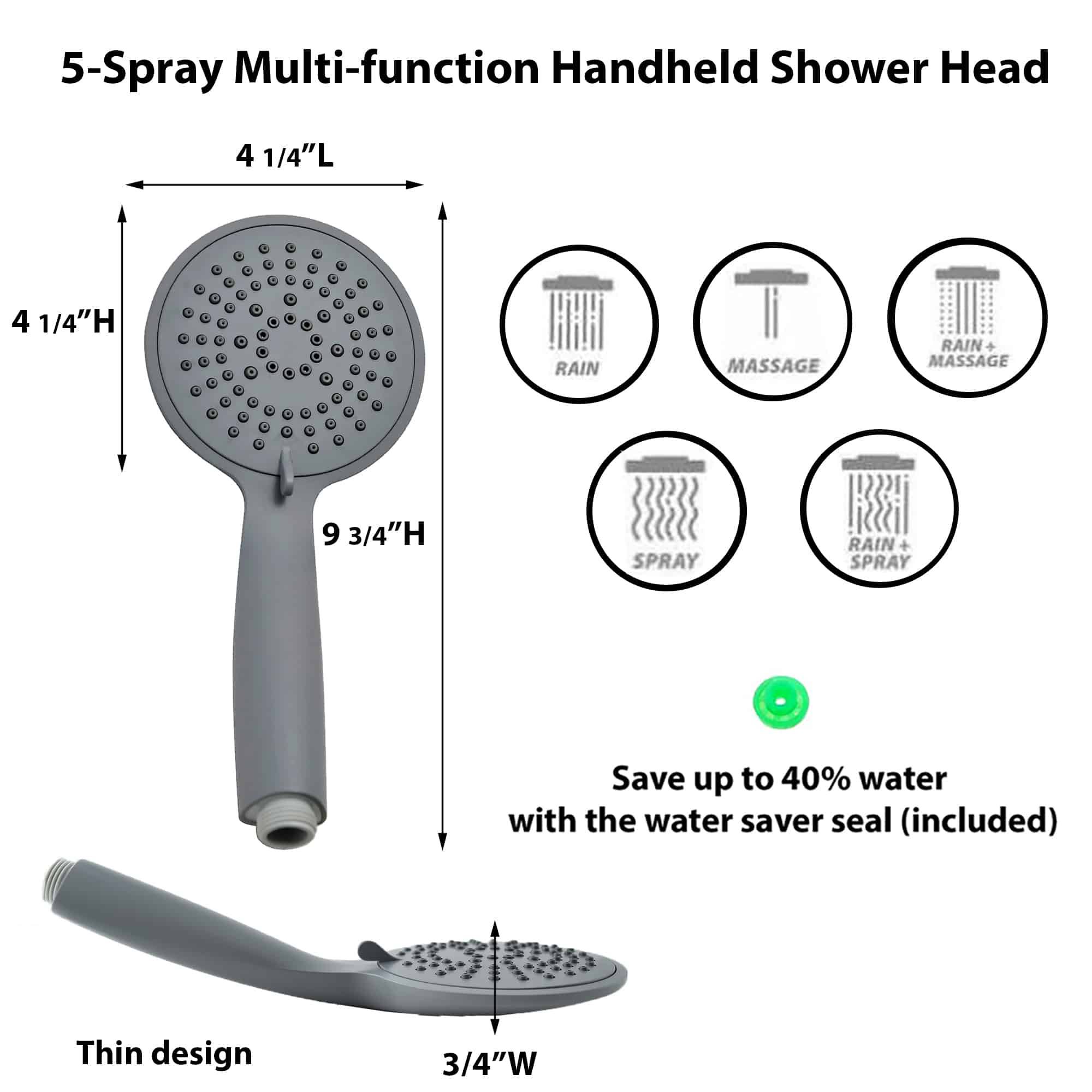 Evideco French Home Goods - Wholesale Shower Head - 5-Spray Handheld Shower Head - Matte Grey2