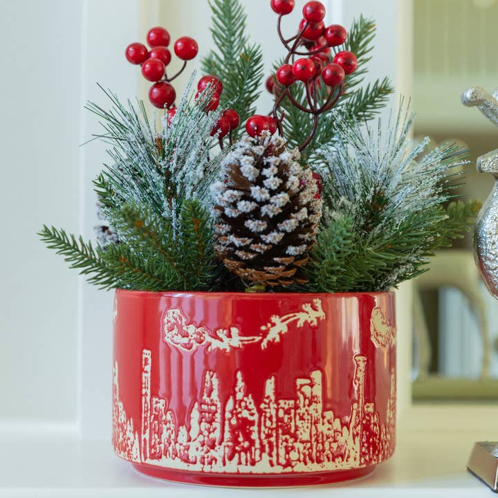 Xmas Mix in 7" Red Cityscape Ceramic for wholesale by Flora Bunda Inc