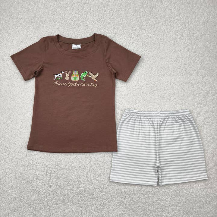 Aier Wholesale - Wholesale Top & Short Set - Kids - Embroidery Baby Boys Brown Gods Country Shirt Stripe Shorts Sets