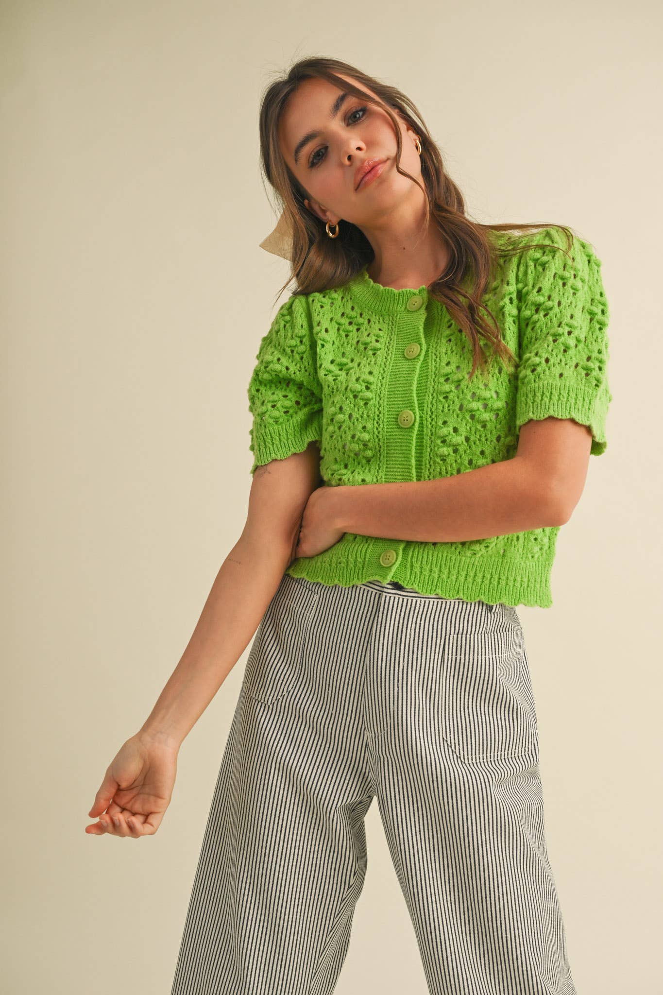 &MERCI - Wholesale Cardigan - Women's - CROPPED POINTELLE BUTTON DOWN SWEATER CARDIGAN MSW1085731