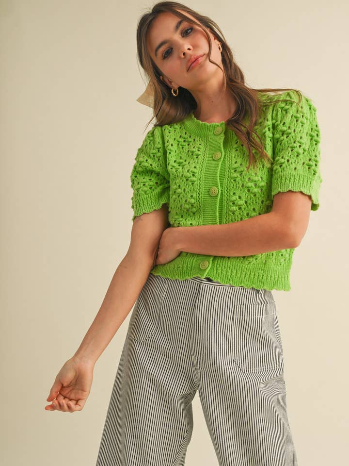 &MERCI - Wholesale Cardigan - Women's - CROPPED POINTELLE BUTTON DOWN SWEATER CARDIGAN MSW1085731