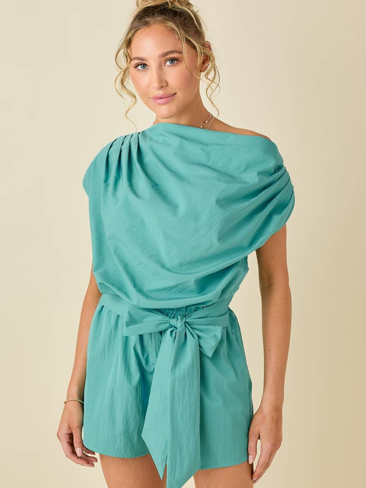 BABY PINK - Wholesale Romper - Women's - Draped unbalanced drop shoulder romper2
