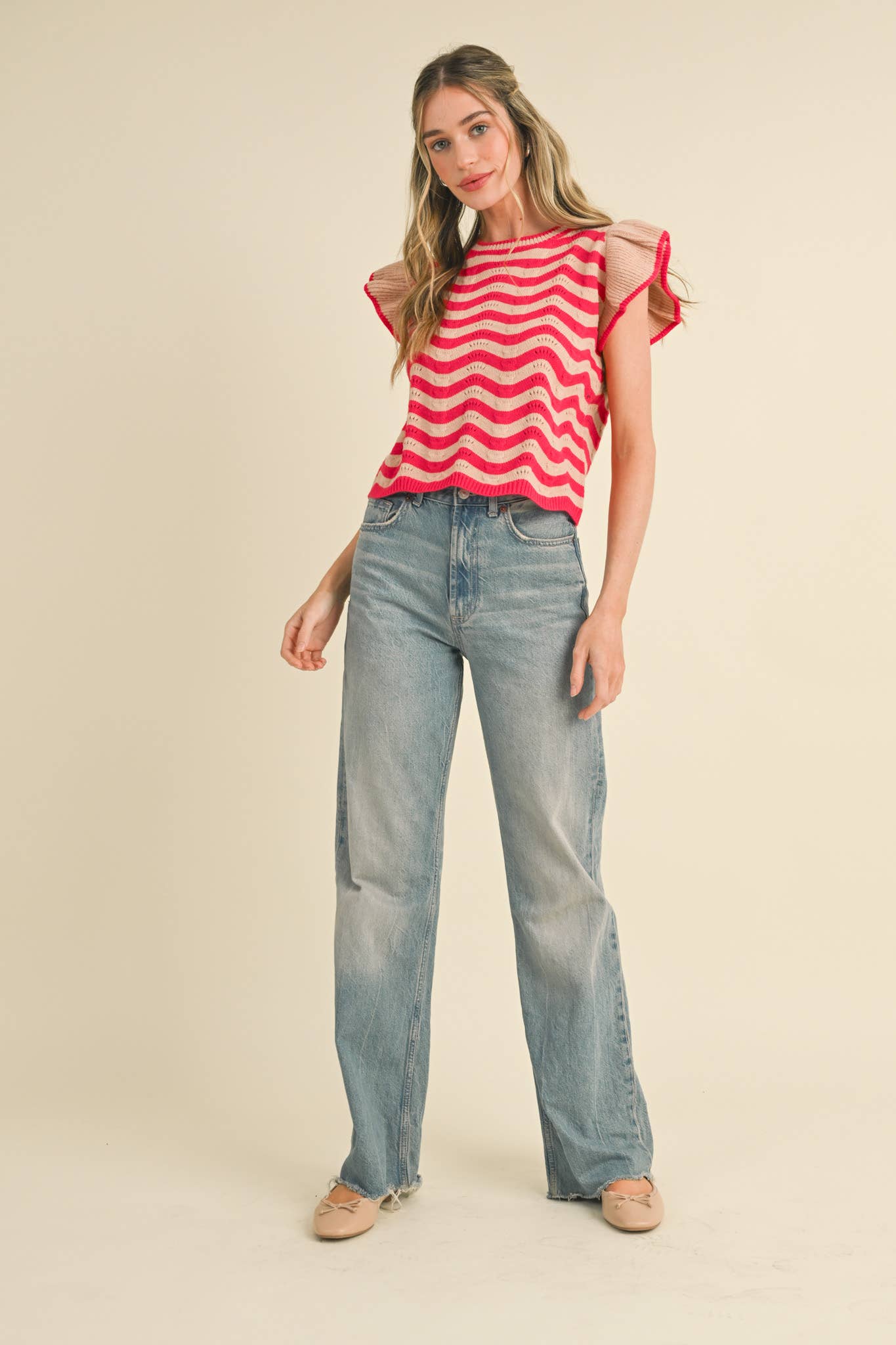 &MERCI - Wholesale Knit Sweater - Women's - WAVY STRIPES FLUTTER SLEEVE SWEATER TOP MSW1050910