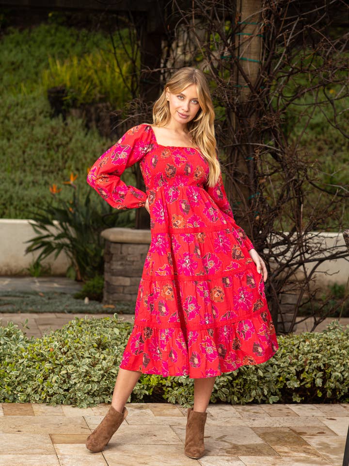 SCHARLAKANSRÖD ALANA SMOCKADE MIDI-KLÄNNING för wholesale av Tolani