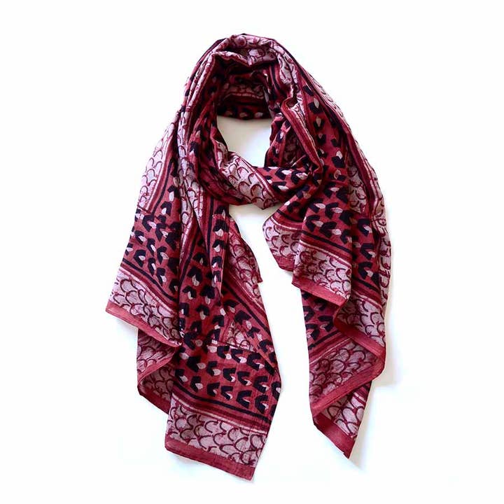 Bufanda de Estampado en Bloque, Chal de Algodón y Seda Rojo | Rubí para venta al por mayor de Ichcha