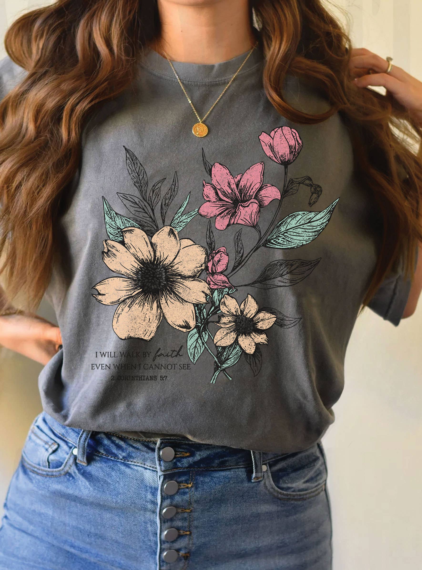 Rustee Clothing - Wholesale Screen Printed T-Shirt - Women's - I WILL WALK FAITH FLORAL GRAPHIC TSHIRTS3