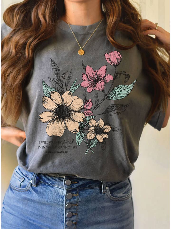 Rustee Clothing - Wholesale Screen Printed T-Shirt - Women's - I WILL WALK FAITH FLORAL GRAPHIC TSHIRTS3