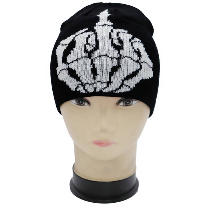 Cap Zone - Wholesale Beanie - Women's - Middle Finger Up Skeleton Classic Short Beanie