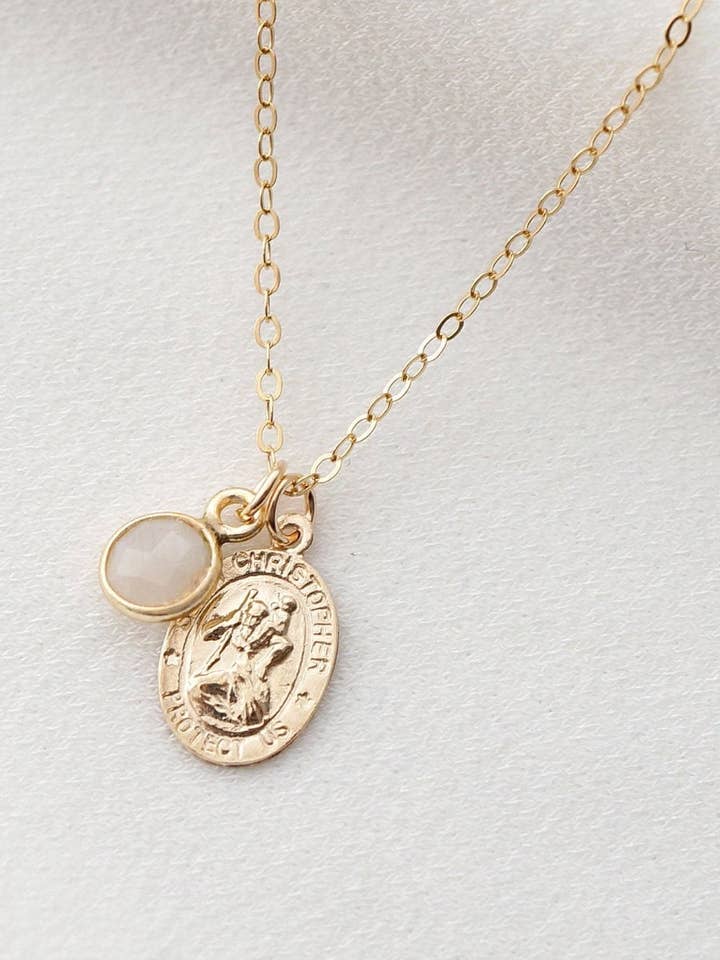 Traveler's Protection Gold Coin Medallion Moonstone Necklace for wholesale by Hunter & Trove