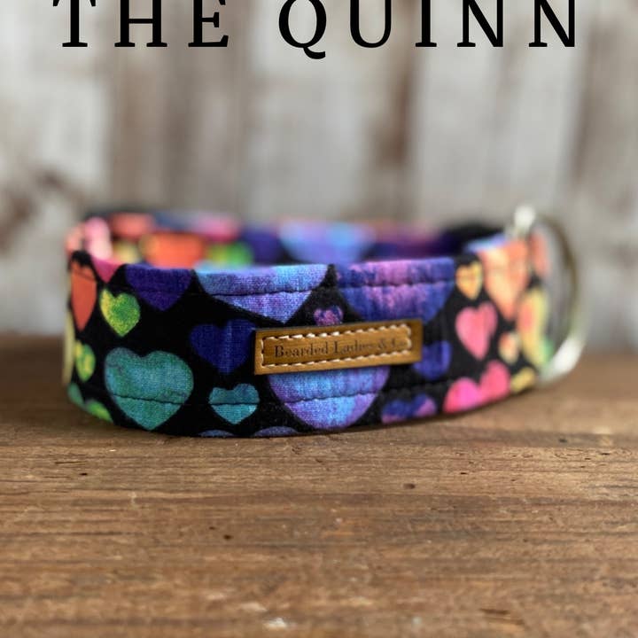 Large Colorful Hearts on Black Dog Collar for wholesale by Bearded Ladies & Co