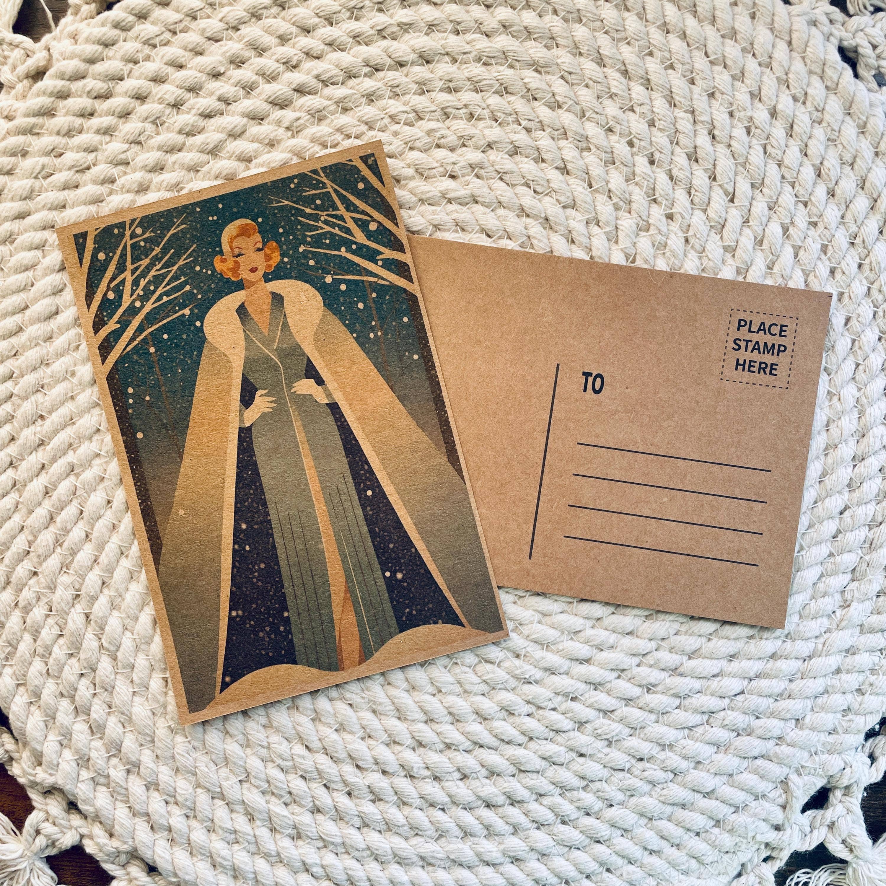 Cryptic Paper Co. - Vente Assortiment de cartes postales - Ensemble de 4 cartes postales de Noël Art déco hiver Kraft 10x15 cm4