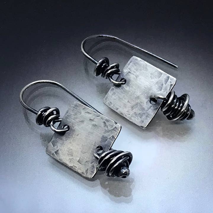 CB&CO - Wholesale Dangle Earrings - Square Drop Sterling Silver Earrings - Textured - Handmade0