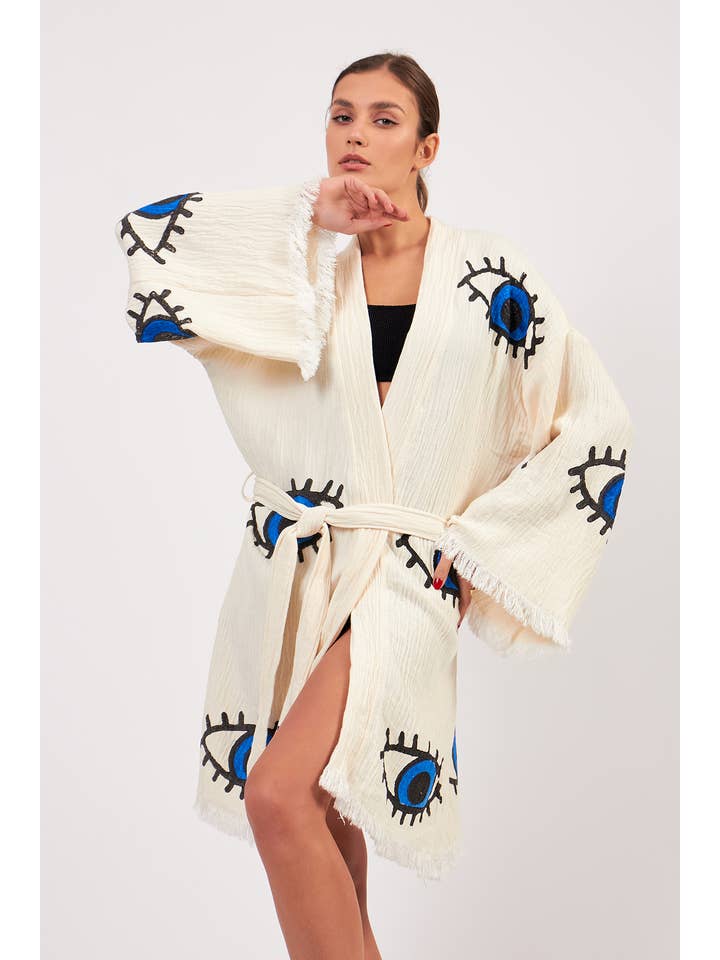 Yaz Concepts - Wholesale Kimono - Women's - Turkish Evil Eye Print Kimono Robe Blue Coverup2