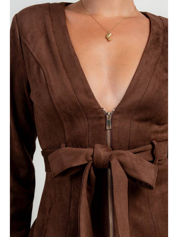 PRIVY - Wholesale Dress - Women's - PG2494EAK_V NECK FRONT ZIPPER OPEN BELTED FLARE COAT DRESS13