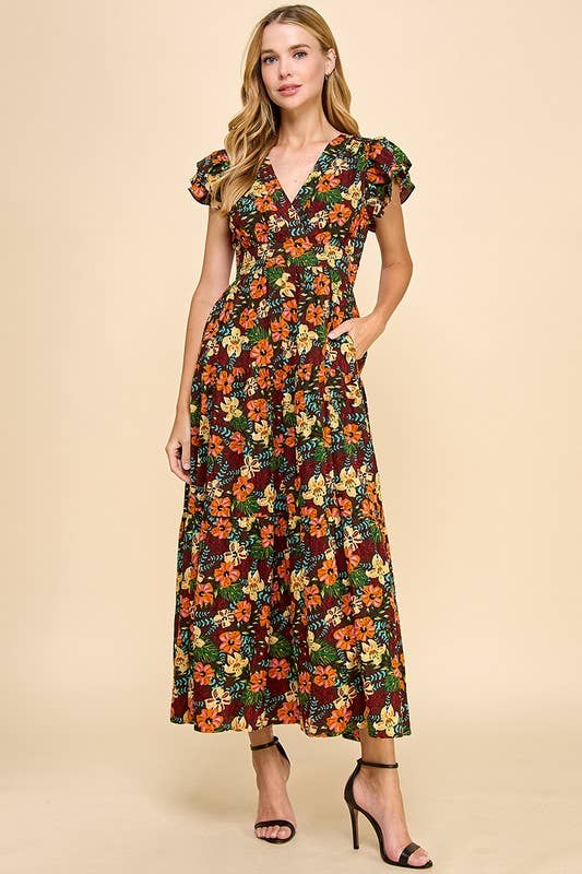 Marron CD04768-Robe midi à manches volantées à imprimé floral en vente sur Faire1