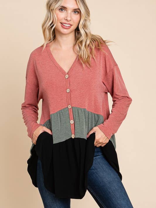 ETK-8993 Effen top met lange mouwen en kleurvlakken voor wholesale door Emerald Collection