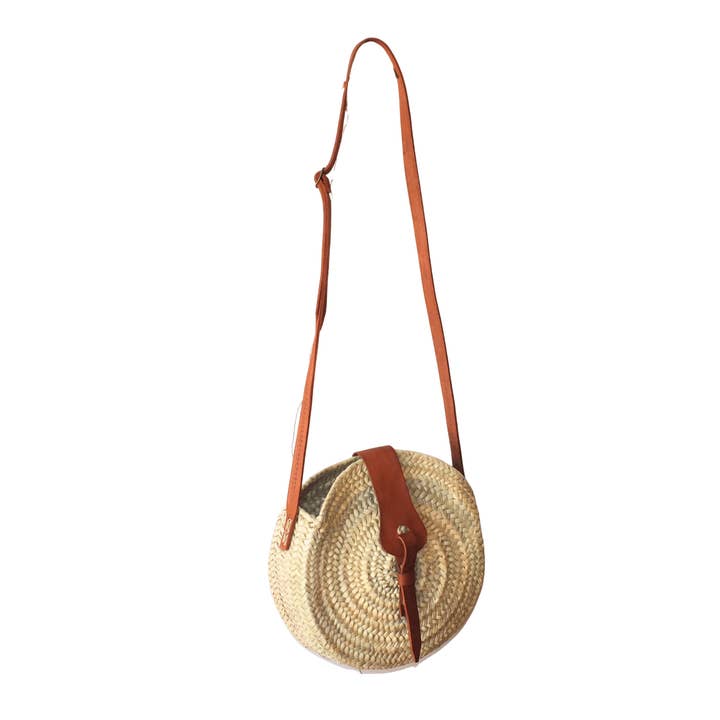 Natural Palm Round Bag, Leather Handles, wicker, 28cm for wholesale by ZocoChic