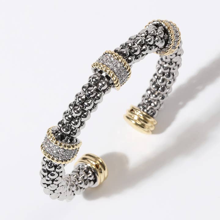 CZ Two-Tone Band Charm Gold Plated Bangle Bracelet for wholesale by Fashion City