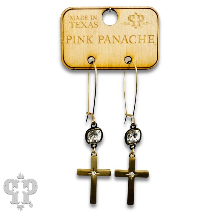 Pink Panache Brands - Wholesale Dangle Earrings - Brushed metal tone cross with Austrian crystal earring - LC2