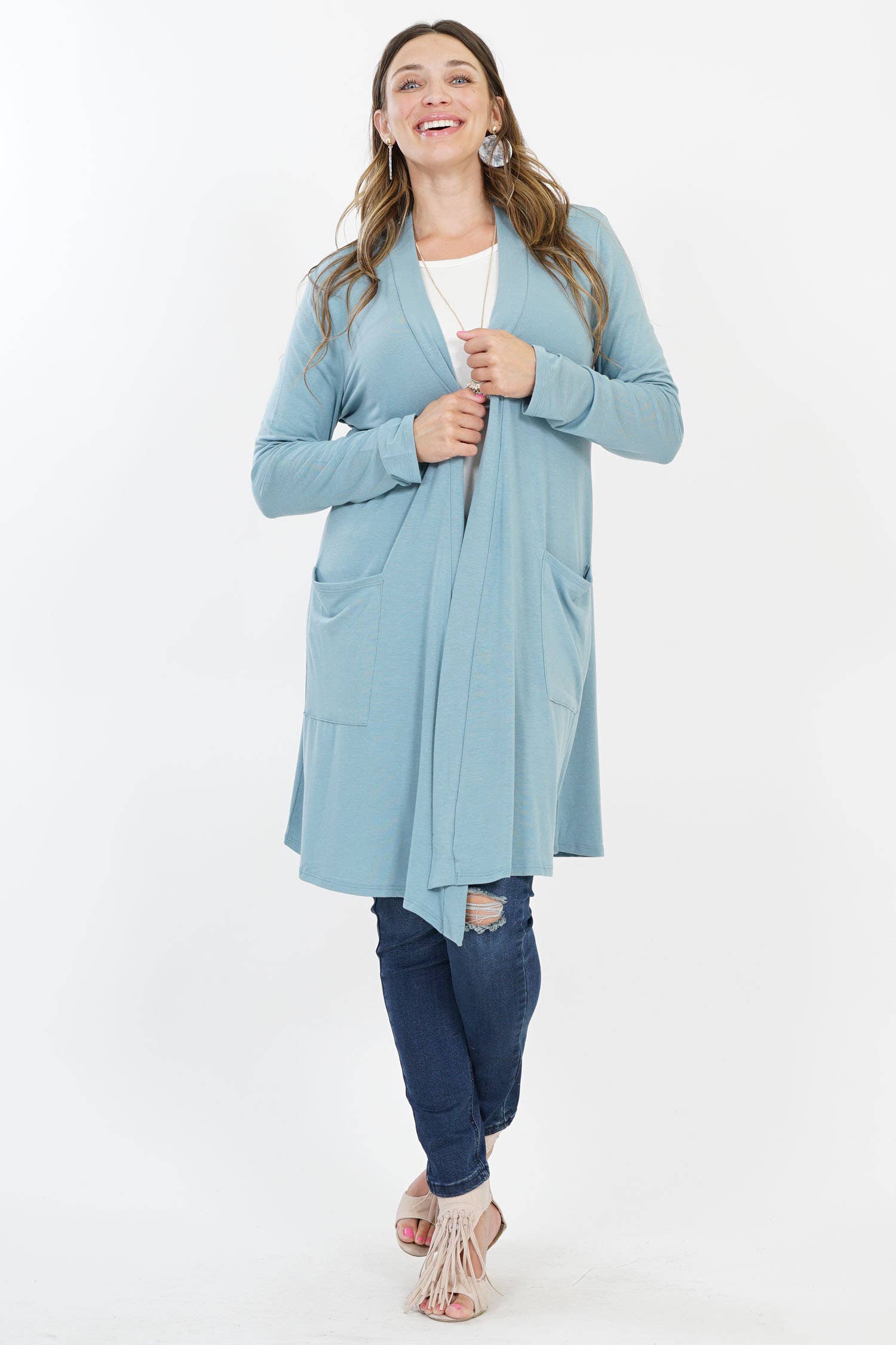 42POPS - Wholesale Cardigan - Women's - ..SI-7552 Plus Knee Length Slouchy Pocket Open Cardigan12