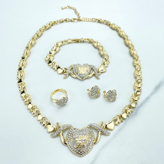 Luxus Accessories – wholesale Jewellery set – 18k Gold Filled "I Love You" CZ Heart Charms, XoXo and Teddy Bear Linked Chain Set3
