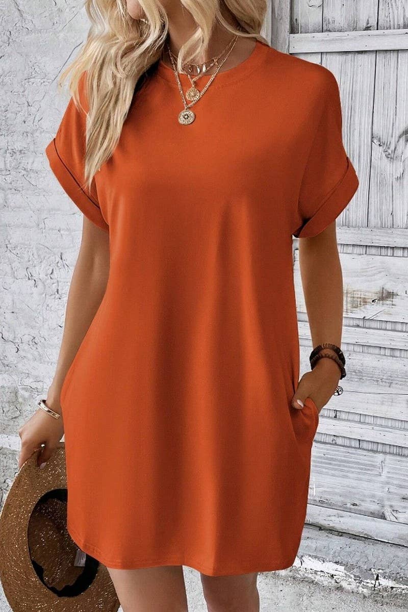 NINEXIS - Vente Robe – femme - CWDSD3628_ROBE COURTE À COL ROND ET POCHES AMPLES DE COULEUR UNIE25