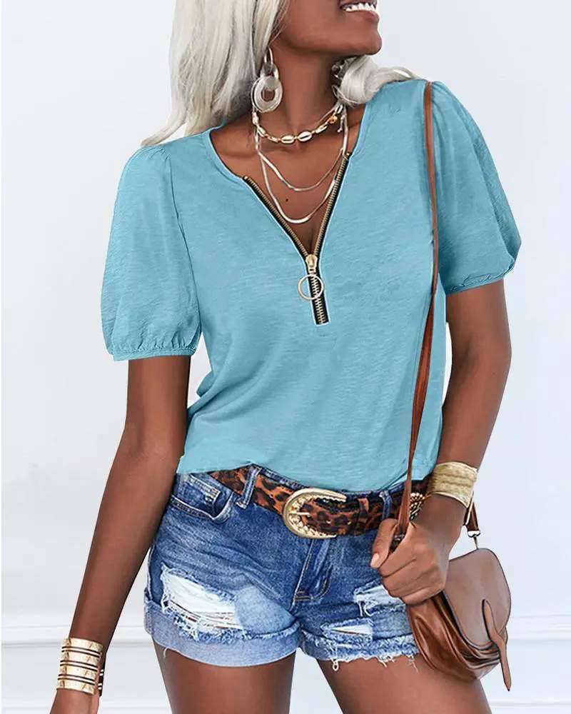 Flarix – Engroshandel Bluse - Dame – lynlås foran puff ærme afslappet t shirt6