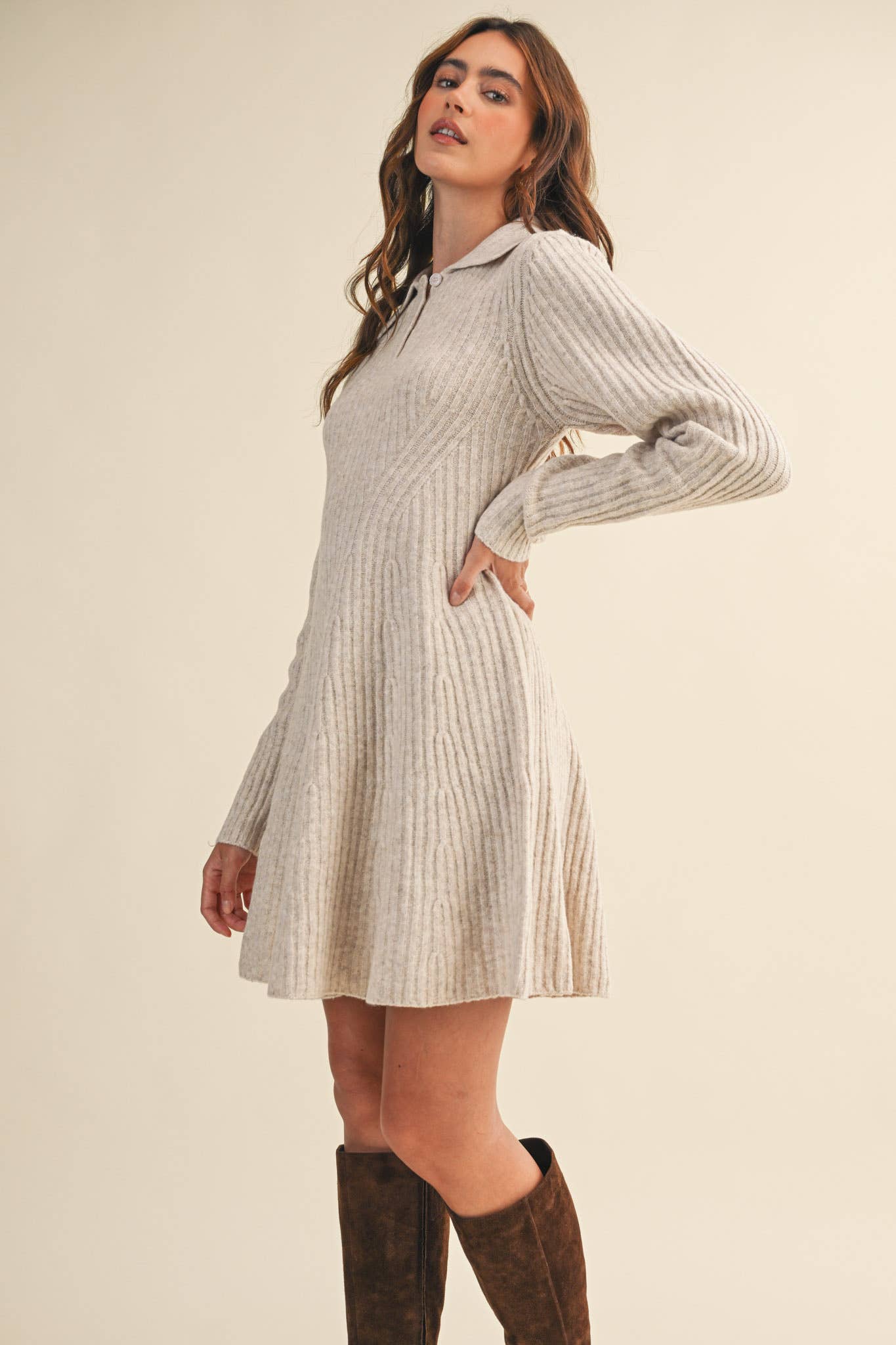 &MERCI - Wholesale Dress - Women's - RIBBED SWEATER FLARED MINI DRESS MSW1096819