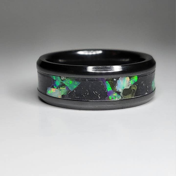 Black Ceramic Ring Opal Peridot UV Glow for wholesale by Natural Evolution Design