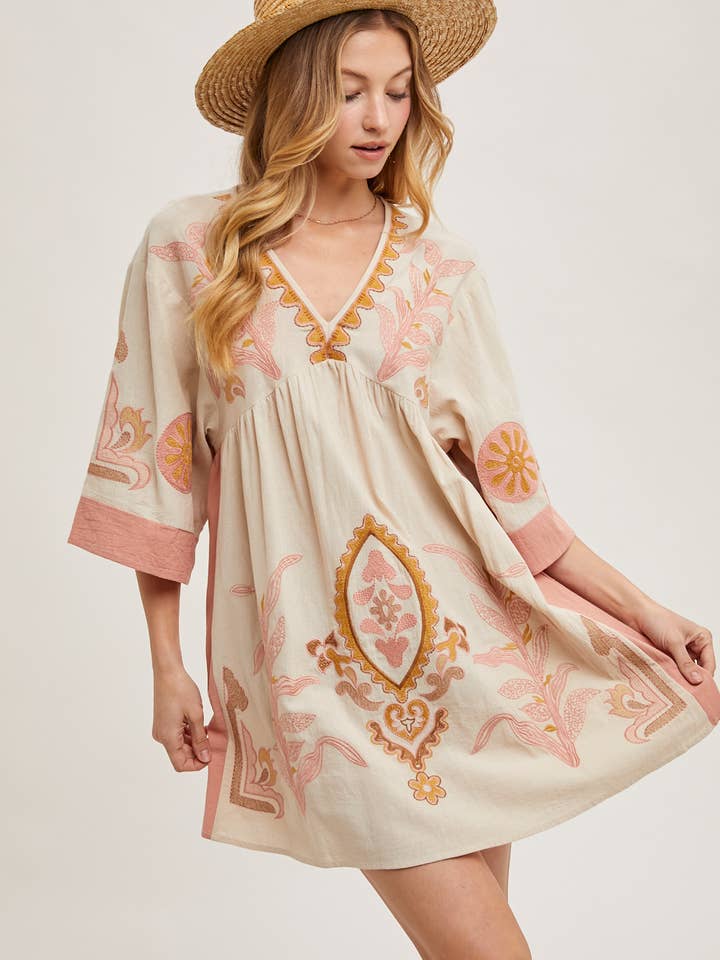 Bluivy - Wholesale Dress - Women's - BOHO EMBROIDERED BABYDOLL DRESS