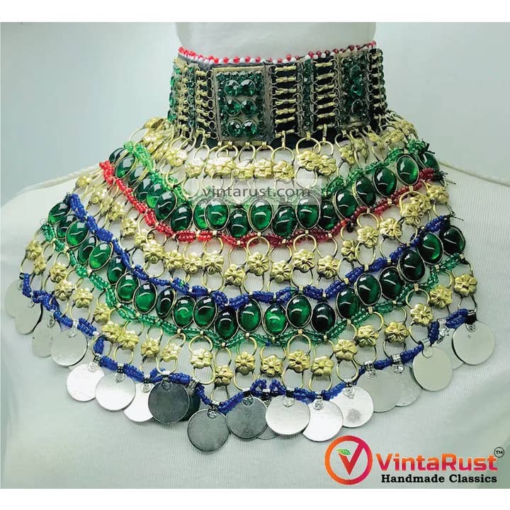 vintarust – wholesale Choker/Krage – Grönt choker halsband, kristallsten och antika mynt