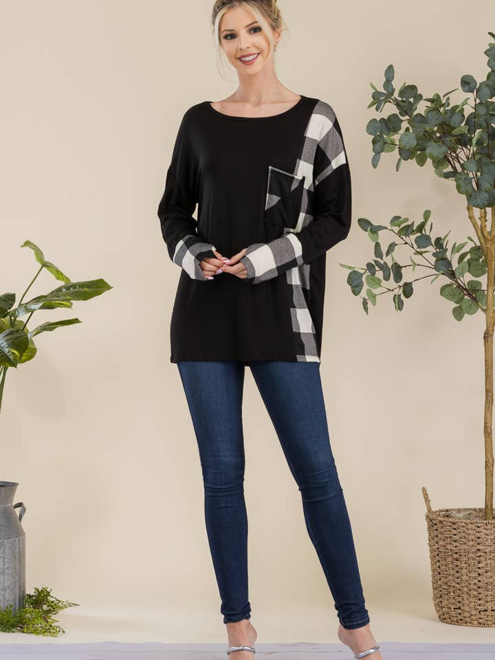 Celeste Clothing - Vendita all'ingrosso Tunica - Donna - TOP A MANICHE LUNGHE IN TARTAN PER MISSY E PLUS SIZE -CT43810B4