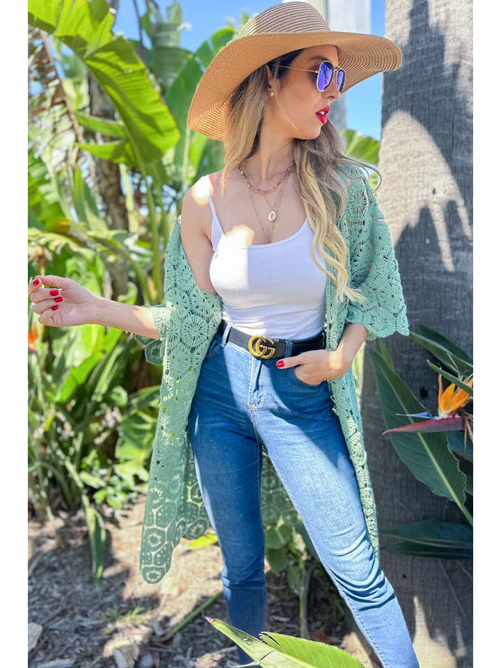 Salvia Sage sexkantig virkad 3/4 ärm Maxi Kimono Cardigan för wholesale på Faire6