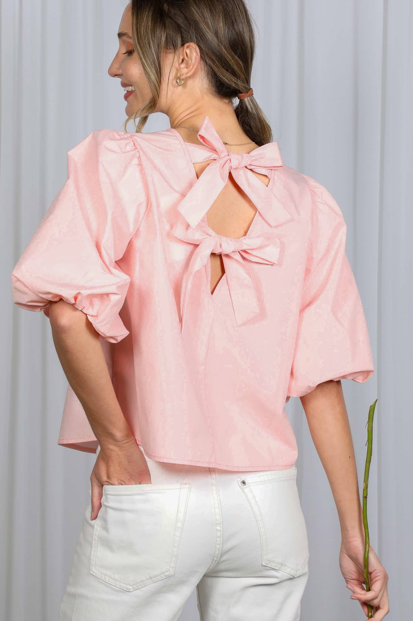 Vine & Love - Wholesale Blouse - Women's - Bubble Sleeve V-Back 2 Bow Detail Blouse Top VT8262110