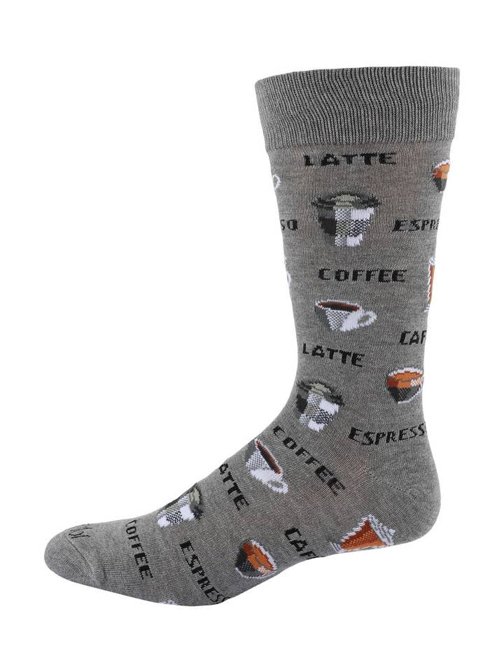 Med Gray Heather MeMoi Coffee Time Men's Bamboo Crew Socks for wholesale on Faire
