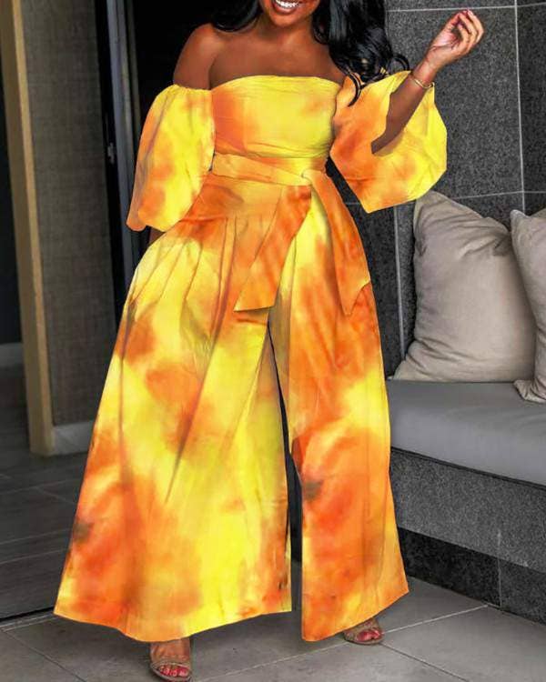 Queen Fashion - Venta al por mayor Peto - Mujer - Mono de pierna ancha con hombros descubiertos, mangas farol y cinturón.3