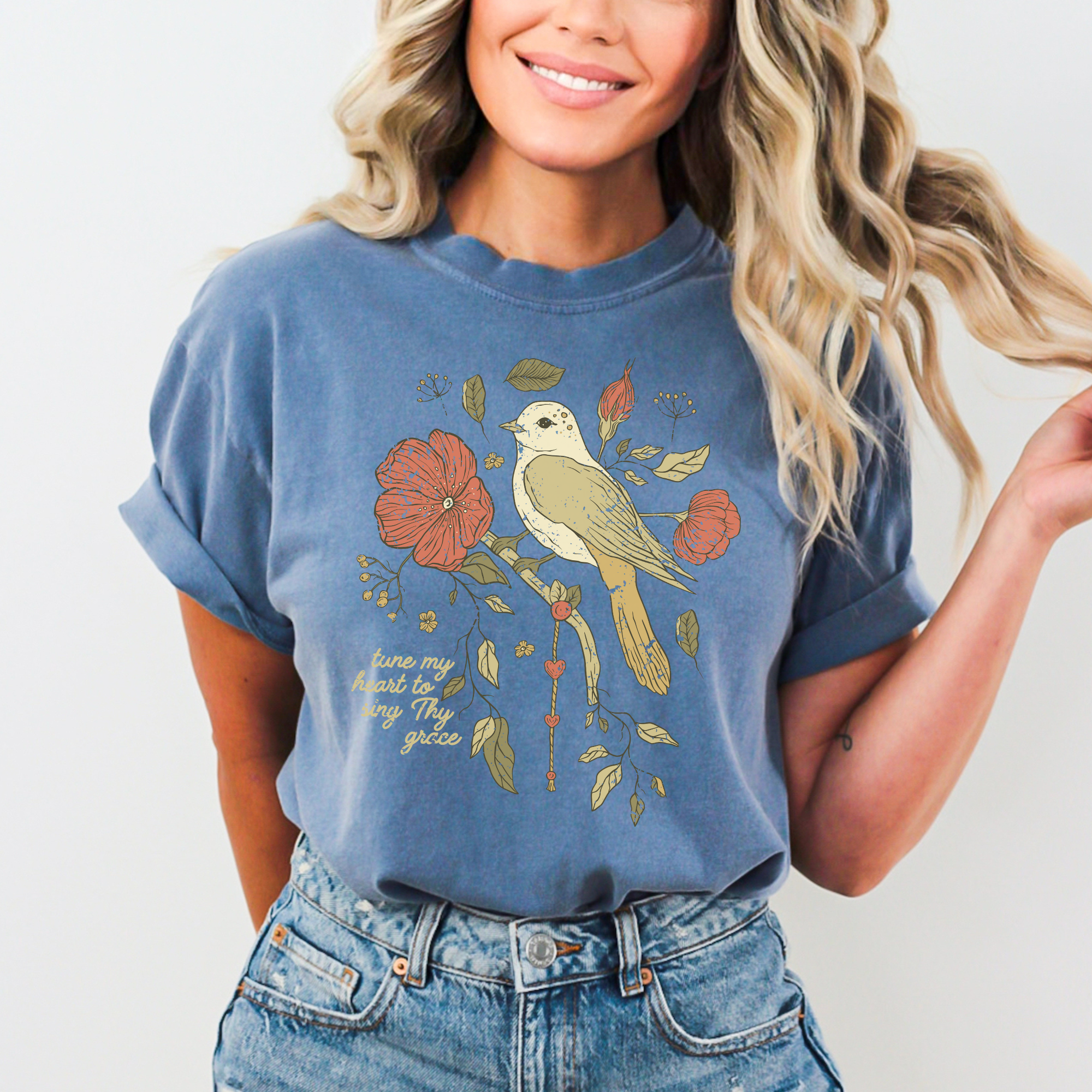 Scripted Pearl - Wholesale T-Shirt (Graphic) - Women's - Tune My Heart with Bird Comfort Colors Christian Graphic Tee17