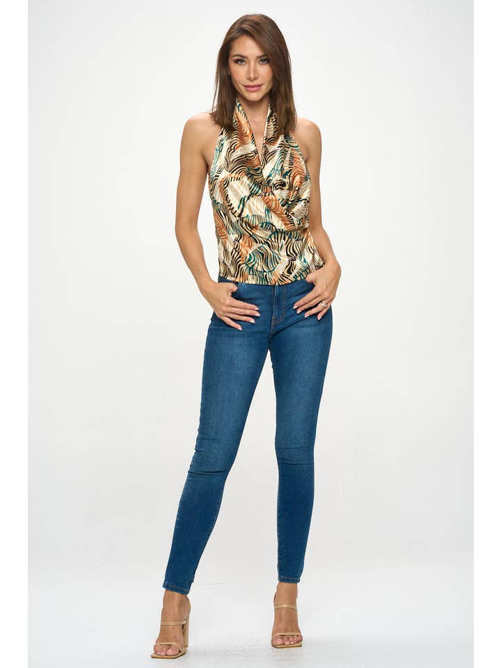 MUSTARD Satin Printed Halter Top for wholesale on Faire4