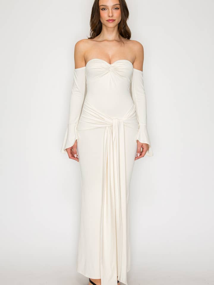 Off Shoulder Draped Tie Front Maxi Dress for wholesale by Nabae Clothing