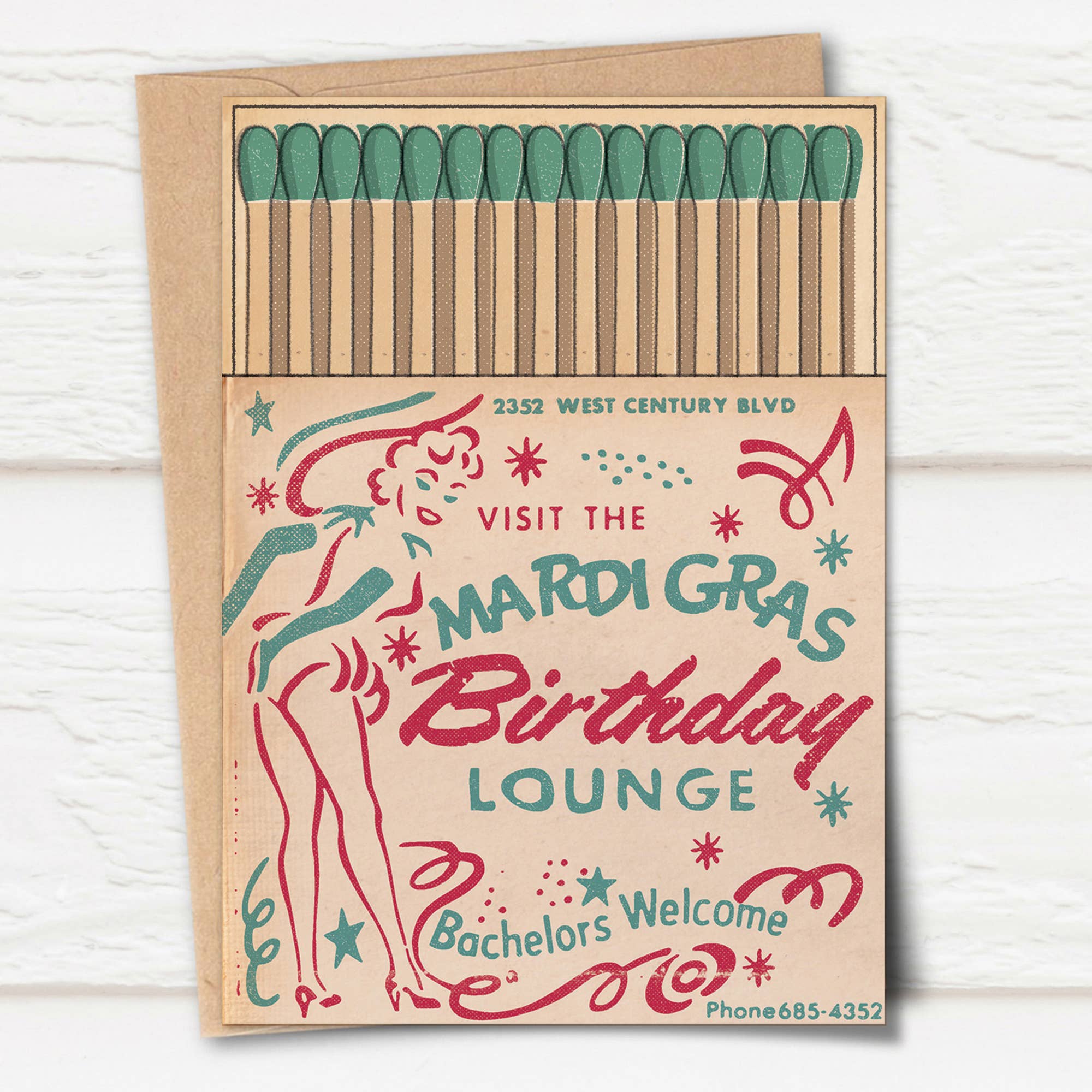 Pennychoo – wholesale Birthday card – Matchbox Card: Mardi Gras Birthday Lounge0