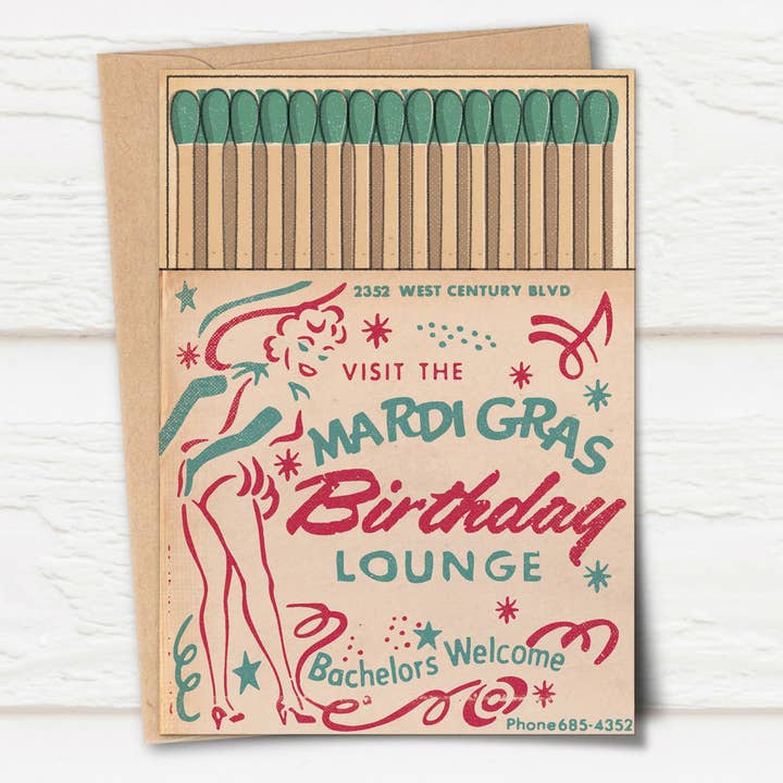 Pennychoo – wholesale Birthday card – Matchbox Card: Mardi Gras Birthday Lounge