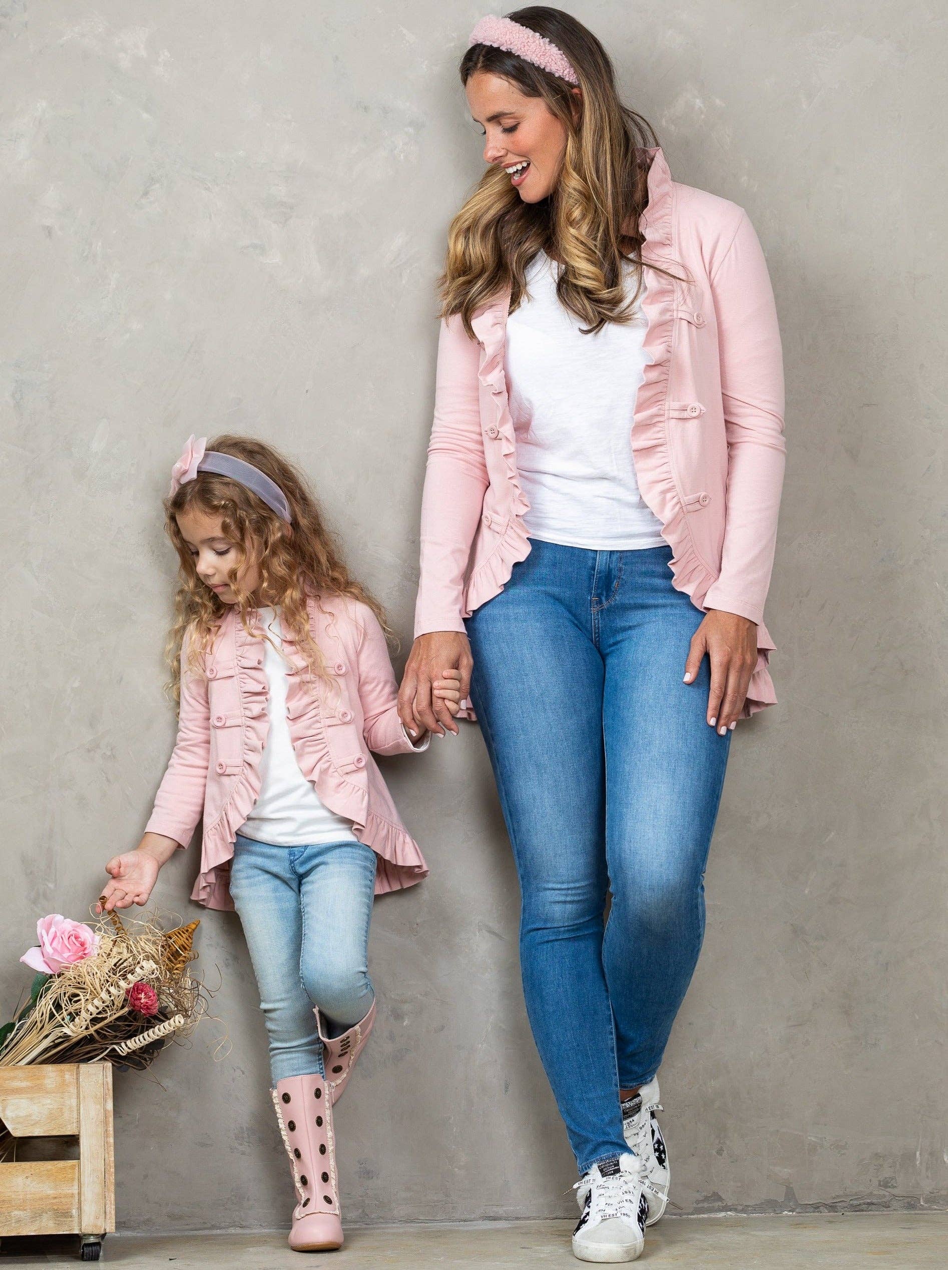 Rosa polveroso Cardigan blazer con volant coordinato mamma e bambina in vendita all'ingrosso su Faire4