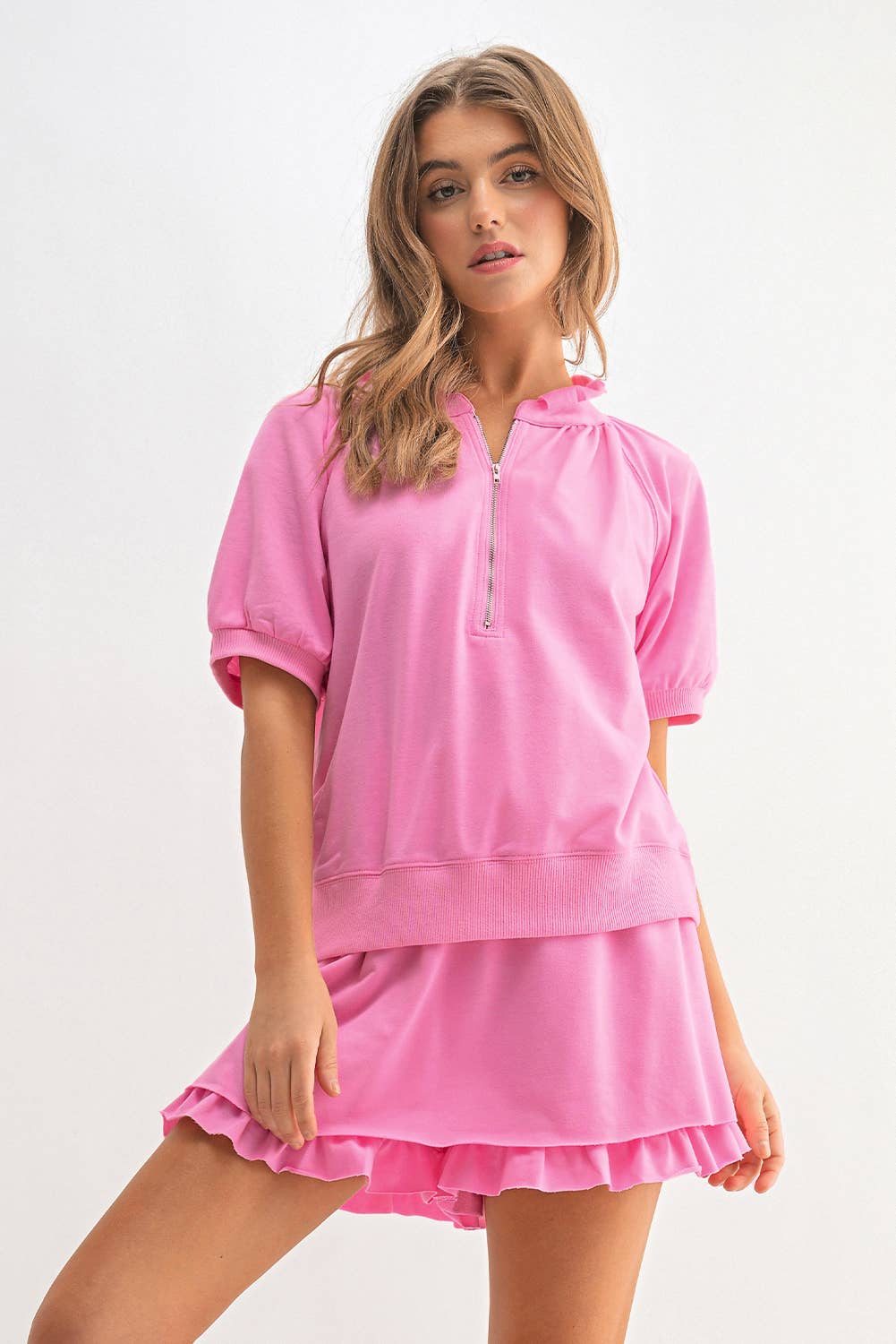 Aapparella - Wholesale Lounge Set - Women's - Pink  Zip Front Puff Sleeve Top & Ruffled Shorts Set | S-XL6