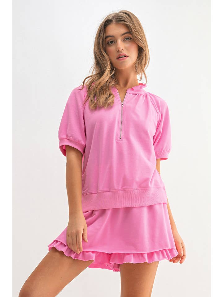 Aapparella - Wholesale Lounge Set - Women's - Pink Zip Front Puff Sleeve Top & Ruffled Shorts Set | S-XL6
