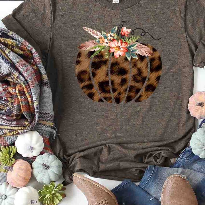 Leopard Floral Pumpkin Autumn Graphic Tee for wholesale by Kissed Apparel
