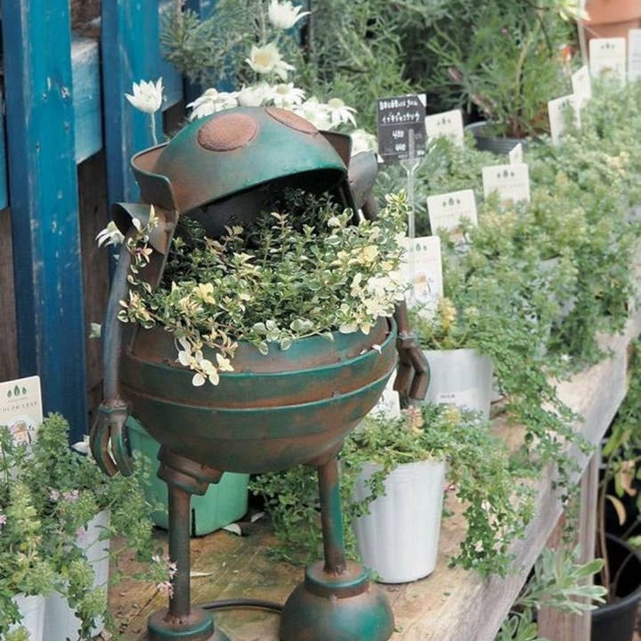 Vintage Metal Frog Robot Planter for wholesale by Artisan Metal Art INC