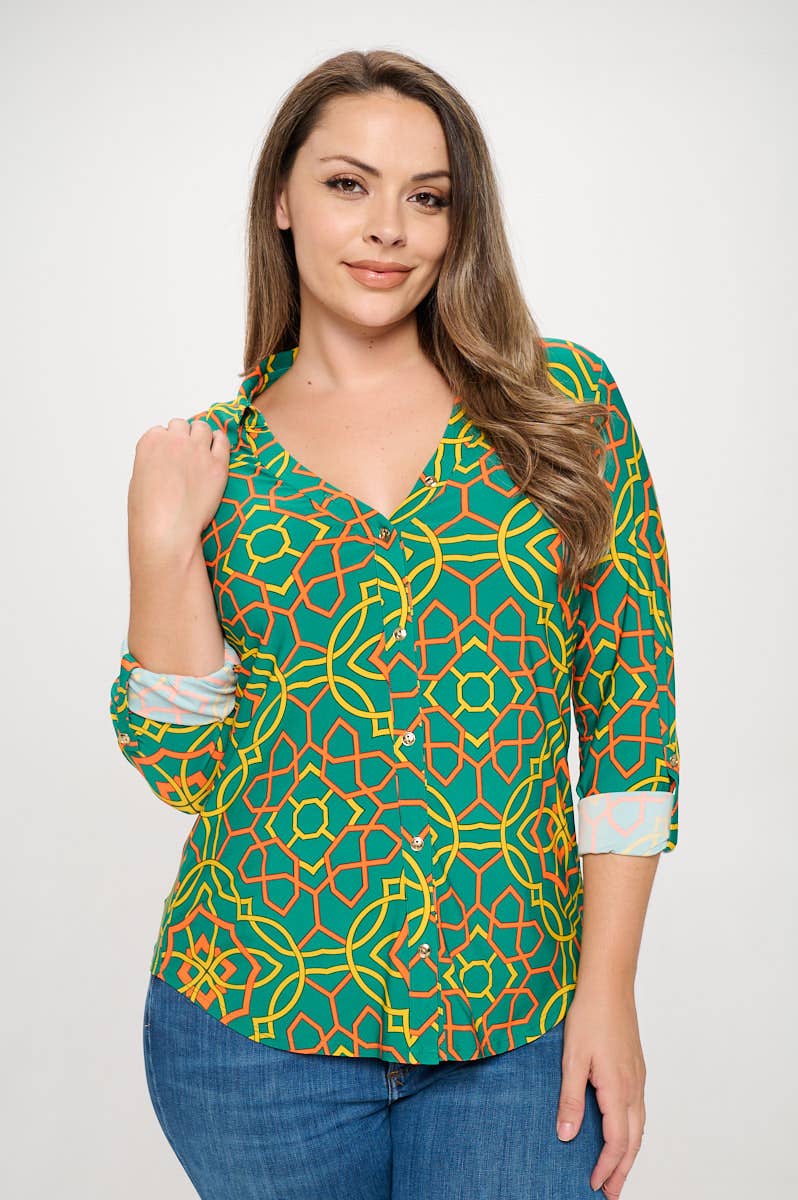 DNA Couture - Wholesale Blouse - Women's -  Plus Size Button Down Blouse - Abstract & Geometric Print3